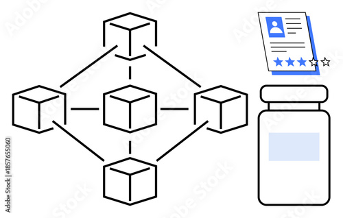 Network of blocks symbolizing blockchain, user review for trust, medicine jar representing healthcare. Ideal for data security, trust, blockchain, healthcare, transparency, digital ratings