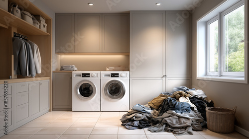 A realistic interior scene of a home laundry room during laundry day, showing a large pile of mixed clothes scattered on a clean tiled floor in front of modern front-loading washin