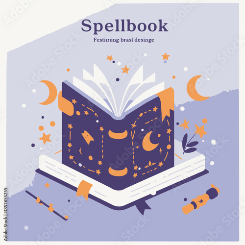An open magical spellbook with celestial moon and star designs, surrounded by floating stars and wands, featuring a mystical theme.