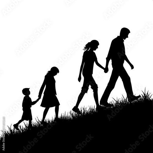 “Conceptual illustration of family togetherness, black silhouettes walking across stylized grass, simple geometry, strong contrast, no background detail.”