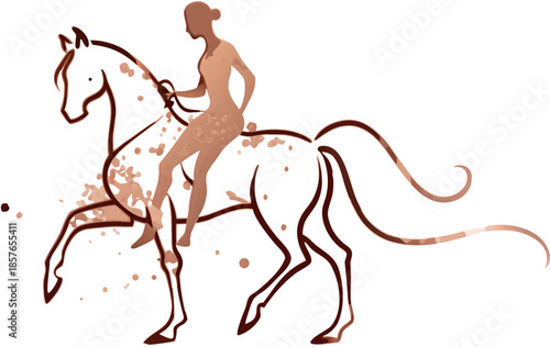 Artistic silhouette of a woman riding a horse in motion with abstract ink splashes and flowing lines
