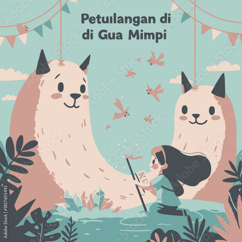 A whimsical illustration of a small girl with a stick interacting with flying creatures near two large fluffy animals in a dream-like landscape.