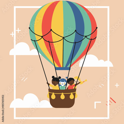 A colorful hot air balloon carrying three diverse children, one with a telescope, against a peach background with abstract shapes.