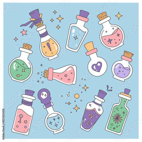 A collection of cute cartoon potion bottles with colorful liquids and sparkles on a light blue background.