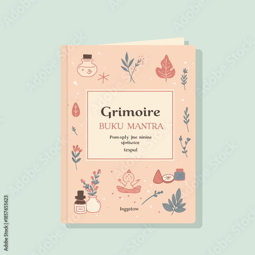 A light pink book titled "Grimoire BUKU MANTRA" with botanical and mystical illustrations on its cover.
