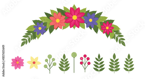 Colorful vector collection of a floral arch and individual flower, leaf, and berry elements for creating custom designs.