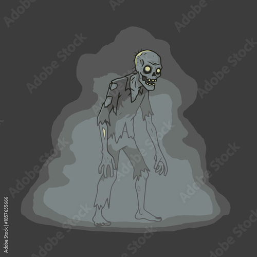 A cartoon illustration of a decaying zombie with glowing yellow eyes and tattered clothes, standing in a misty aura against a dark background.