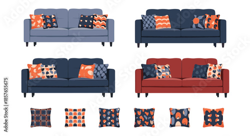 Collection of stylish modern sofas in various colors with decorative patterned pillows, isolated for interior design projects.