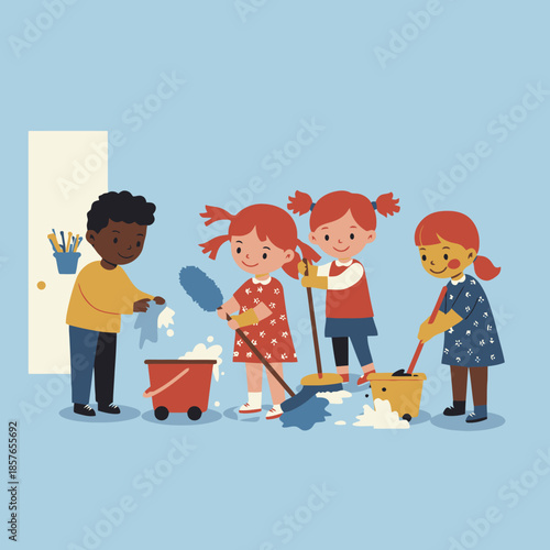 Four happy diverse children enthusiastically cleaning a room together, learning about chores and teamwork.