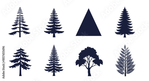 Versatile set of eight dark blue tree silhouettes, featuring various evergreen, pine, and fir tree shapes for design projects.