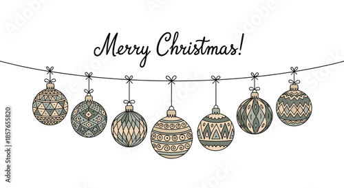 Hand-drawn 'Merry Christmas' greeting card featuring a string of intricately patterned holiday ornaments in muted, vintage colors.