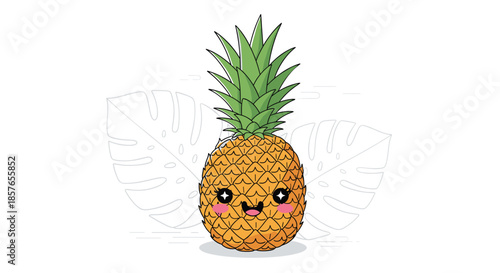 Adorable kawaii pineapple character with a cute smiling face and sparkling eyes, set against a background of monstera leaves.