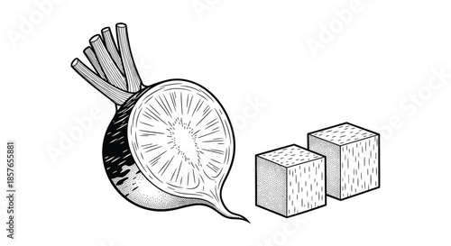Vintage engraving of a sugar beet, shown halved to reveal its inner texture, alongside two perfectly formed sugar cubes.