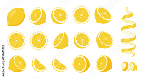 Comprehensive vector set of bright yellow lemons, showcasing the citrus fruit whole, sliced, and peeled from multiple angles.