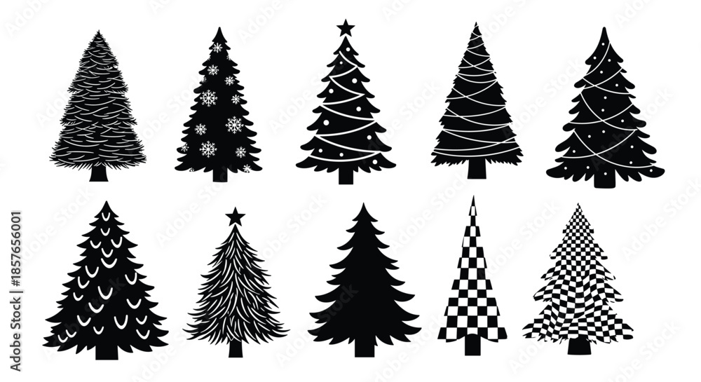 Fototapeta premium Diverse set of ten black Christmas tree silhouettes, featuring various decorations like garlands, stars, and abstract patterns.