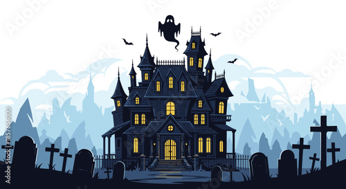 Spooky pixel art illustration of a haunted house on a hill with a graveyard, bats, and a ghost under a misty sky.