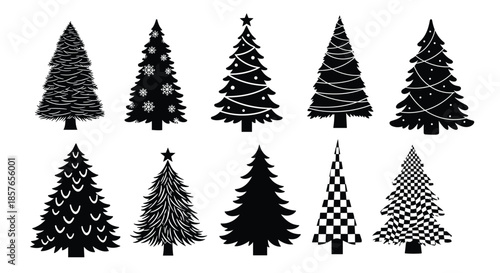 Diverse set of ten black Christmas tree silhouettes, featuring various decorations like garlands, stars, and abstract patterns.