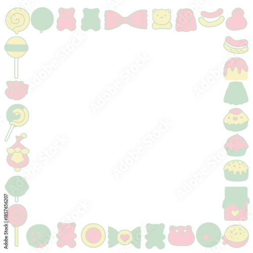 A pastel-colored border frame featuring an assortment of cute candy and dessert shapes like lollipops, gummy bears, bows, and cakes, on a white background.