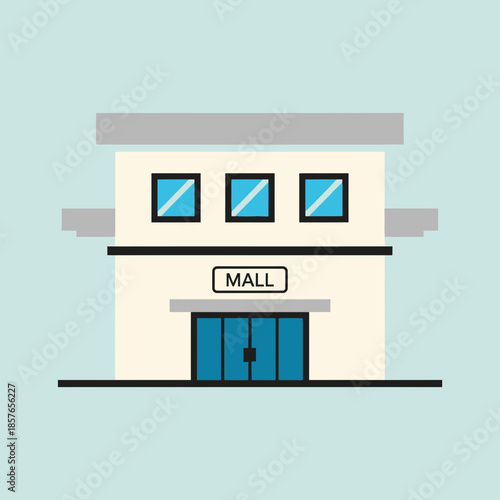 Flat illustration of a two-story mall building with blue doors and windows