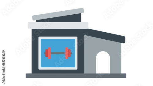 Flat icon of a modern gym building with a dumbbell sign