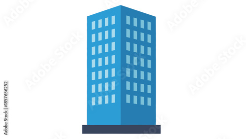 Blue tall building with many windows on a white background