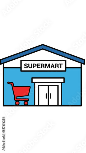 Cartoon blue supermarket building with red shopping cart