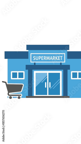 Blue cartoon store building with a shopping cart in front