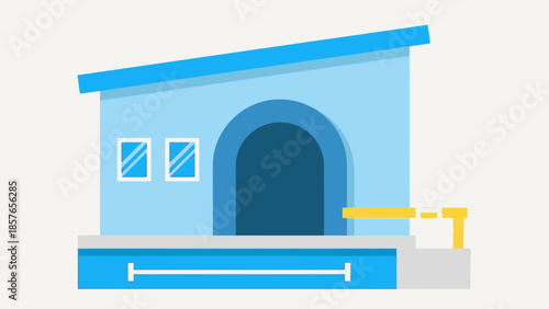 Blue cartoon building with arched entrance and two windows