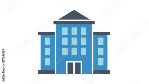 Blue building with dark roof and doors on a white background