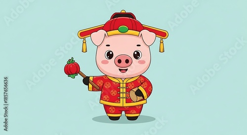 Pig in traditional festive attire holds symbolic objects for celebration.
