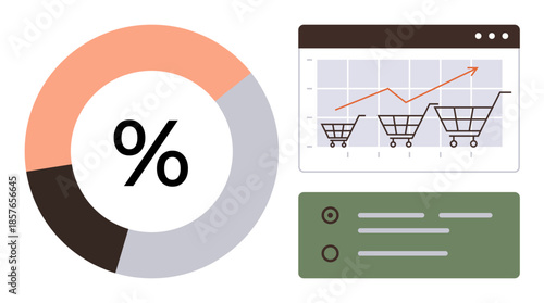 Pie chart highlights percentage distribution, shopping cart data visualized with rising graph, and simplified interface. Ideal for e-commerce, growth analysis, data trends, strategy, shopping