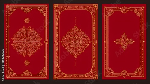 Elegant Ornamented Book Covers: Three ornamental book covers showcase intricate designs in gold over a red background, evoking the timeless beauty of classic literature.