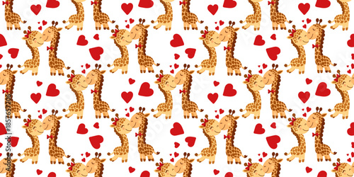 Photography Seamless Valentines Day pattern with cute giraffe couple surrounded by red hearts on white background
