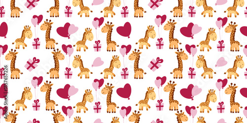 Seamless Valentines Day pattern featuring loving giraffe couple with gift and pink heart balloons. Ideal for romantic wrapping paper, children’s textiles, cards, and festive designs