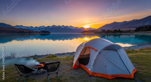 Tent and campfire set up by a tranquil lake at sunset with mountain backdrop.