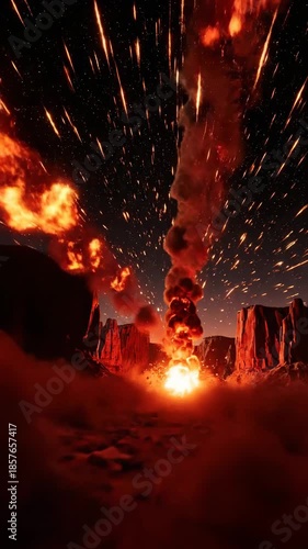 Fiery Explosion Over Desert Landscape - A Dramatic Visual Spectacle.