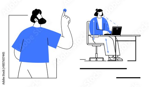 Remote work concept. Remote work solutions ed by minimalistic characters using technology for online tasks and collaboration. Remote work enhancing productivity in digital environments. Great
