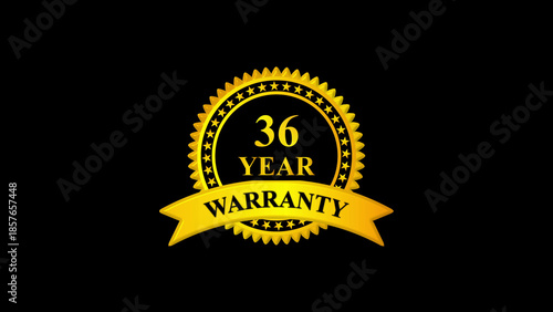 Premium 36 Year Warranty Gold Badge Icon on Black Background. Trusted Quality Guarantee Seal for Products, Services, Branding, Certification, and Long Term Assurance