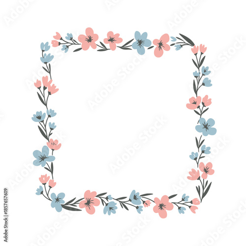 A delicate square floral frame with pink and blue flowers and green leaves on a white background, perfect for invitations or decorative borders.