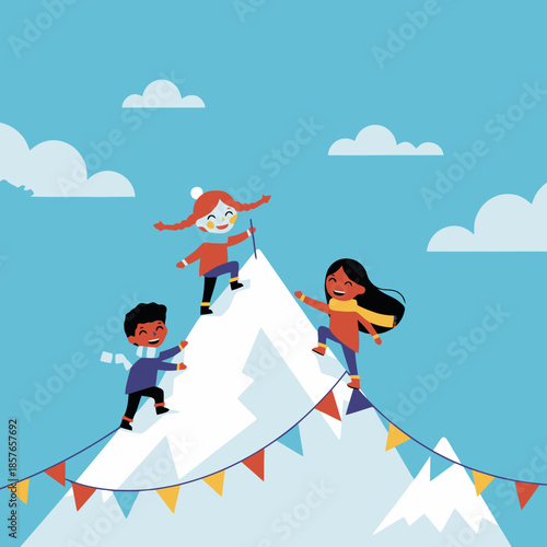Three diverse children happily climbing a snowy mountain peak together, adorned with colorful bunting under a blue sky.
