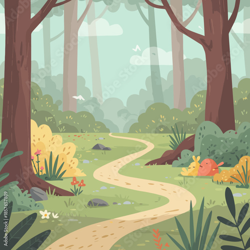 A winding dirt path through a vibrant, cartoon-style forest with tall trees, green bushes, and small flowers under a bright sky.