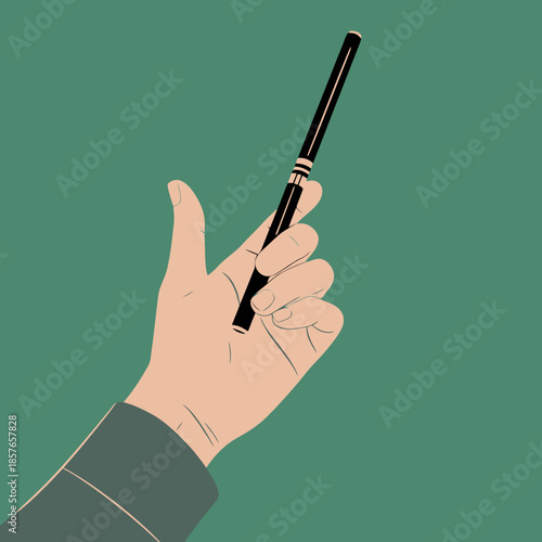 A hand holding a slim black vape pen or e-cigarette against a solid green background.