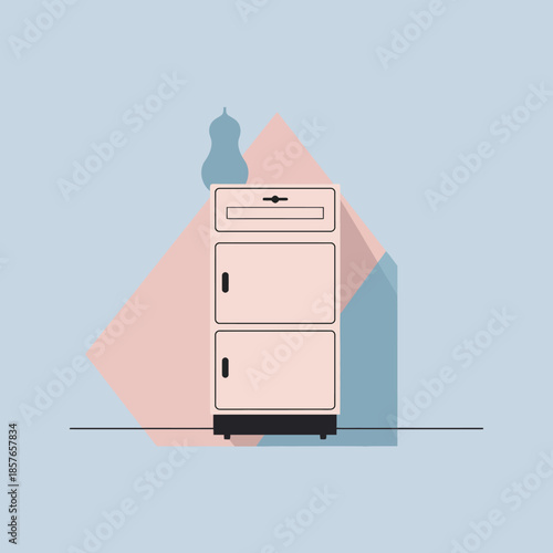 A minimalist illustration of a light pink cabinet with three compartments and a drawer, set against a light blue background with abstract geometric shapes.