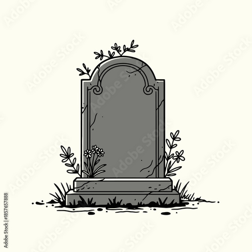 An illustration of a weathered grey tombstone with an arched top, surrounded by small flowers and green foliage, on a light background.