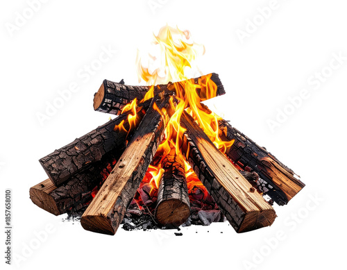 A pyre of burning logs with vibrant flames against a black background