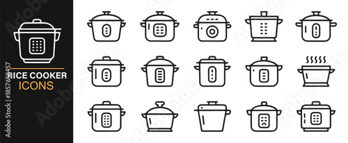 Rice cooking and kitchen appliance line icons