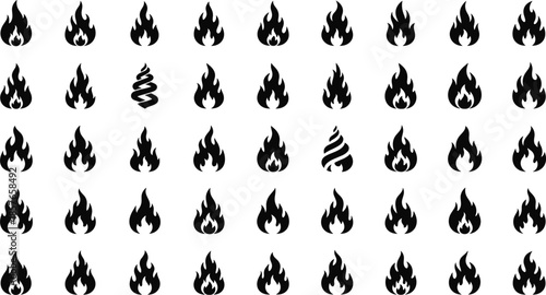 Fire flame silhouette icon set with multiple flame shapes isolated on white background