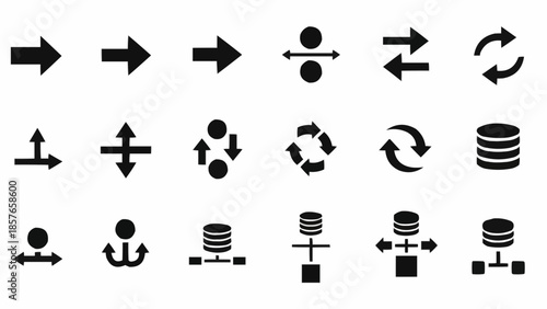 Set of Black Arrow and Database Icons for UI Design.