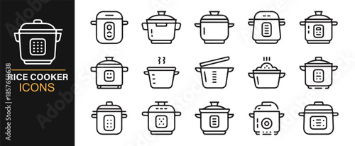 Rice cooker cooking appliance line icons