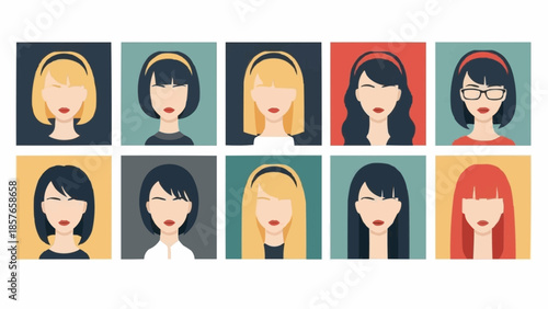 Diverse Collection of Womens Portraits with Varied Hairstyles and Colors.
